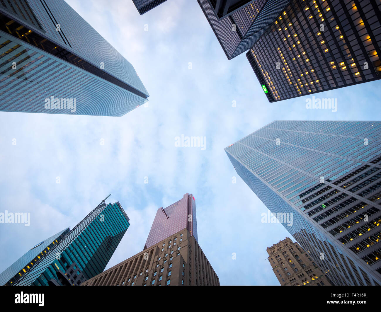 Looking up at the tall bank office towers at the intersection of Bay Street and King Street in the heart of the Financial District, Toronto, Canada. Stock Photo