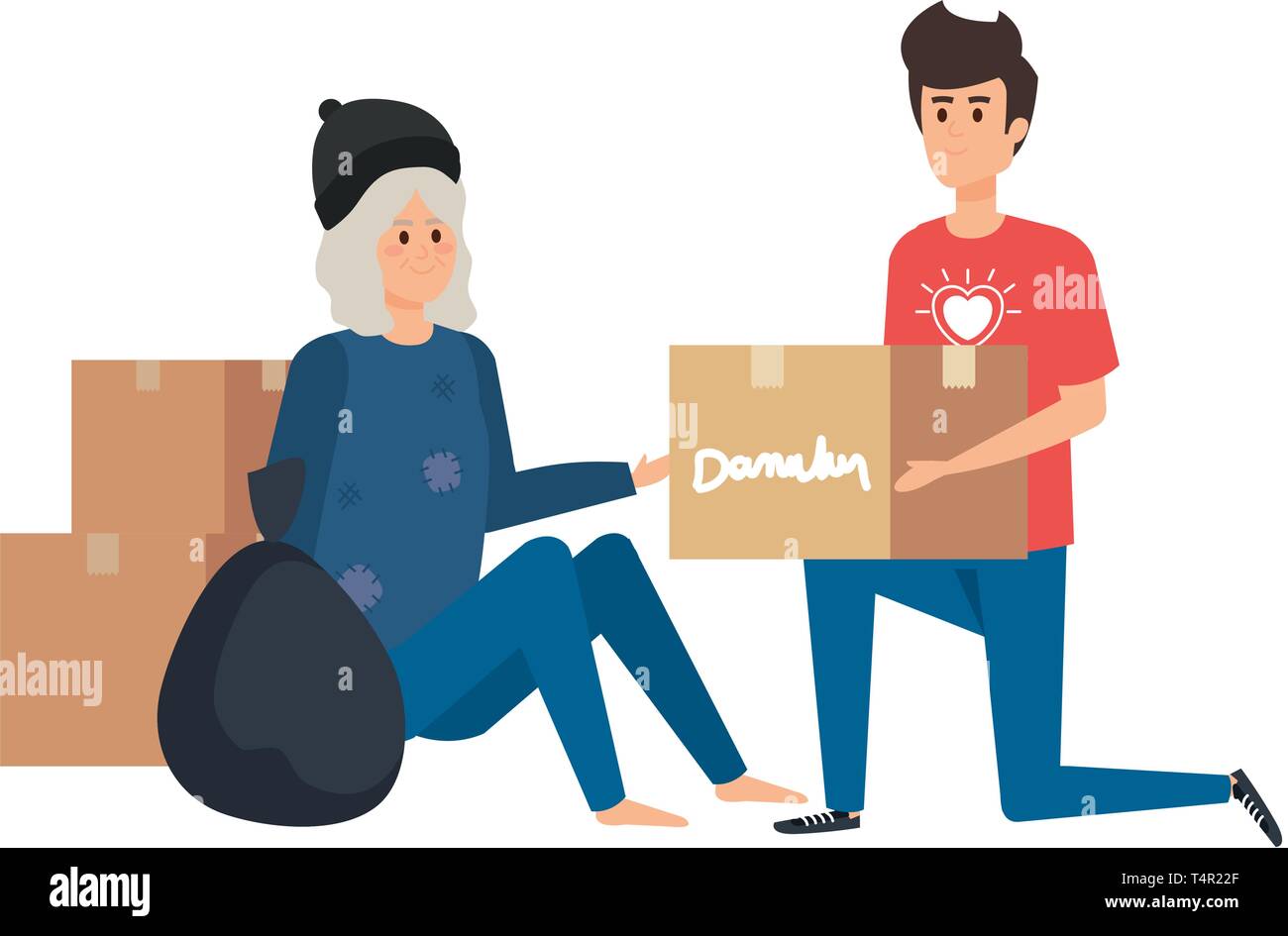 man volunteer giving a homeless woman donations box Stock Vector Image ...