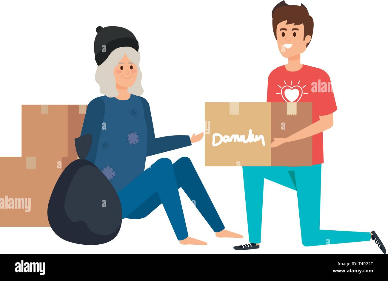 man volunteer giving a homeless woman donations box Stock Vector Image ...