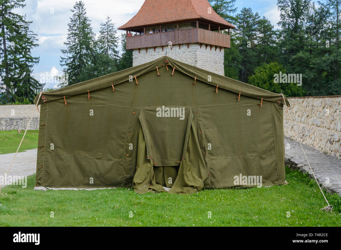 Military tent in the rasnov fortress, front view. Stock Photo