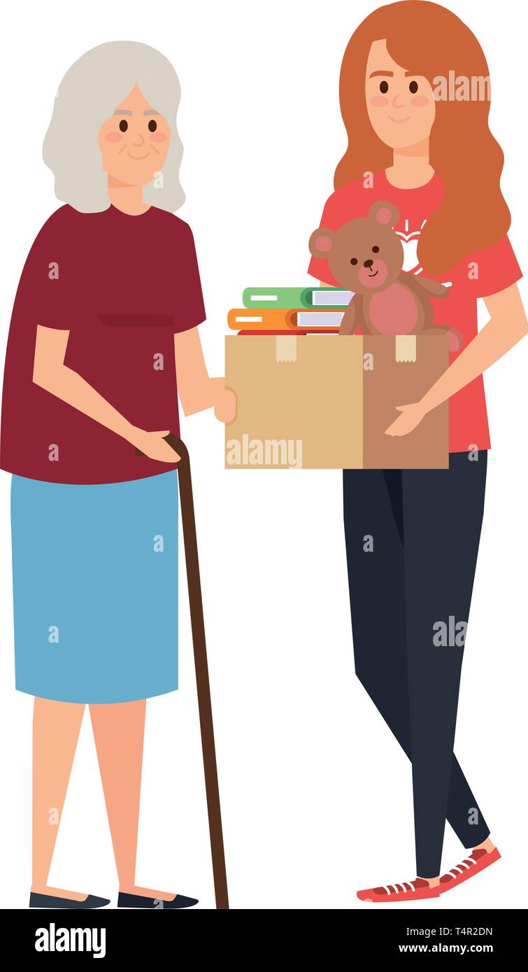 woman volunteer giving a old woman donations box Stock Vector Image ...