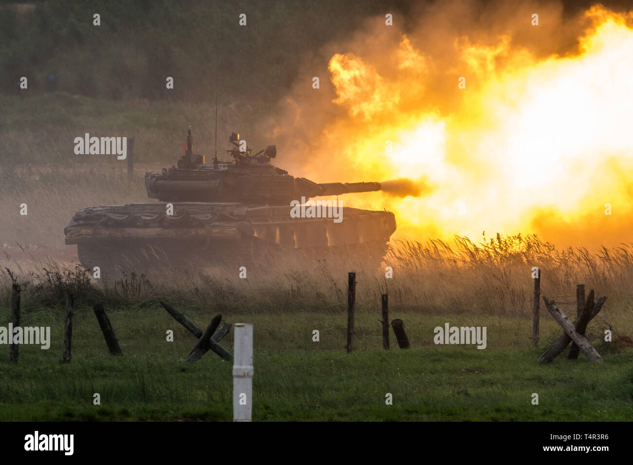 September 9, 2016. Alabino, Russia. Tank T-72B3 is shooting at targets at Alabino range. Stock Photo