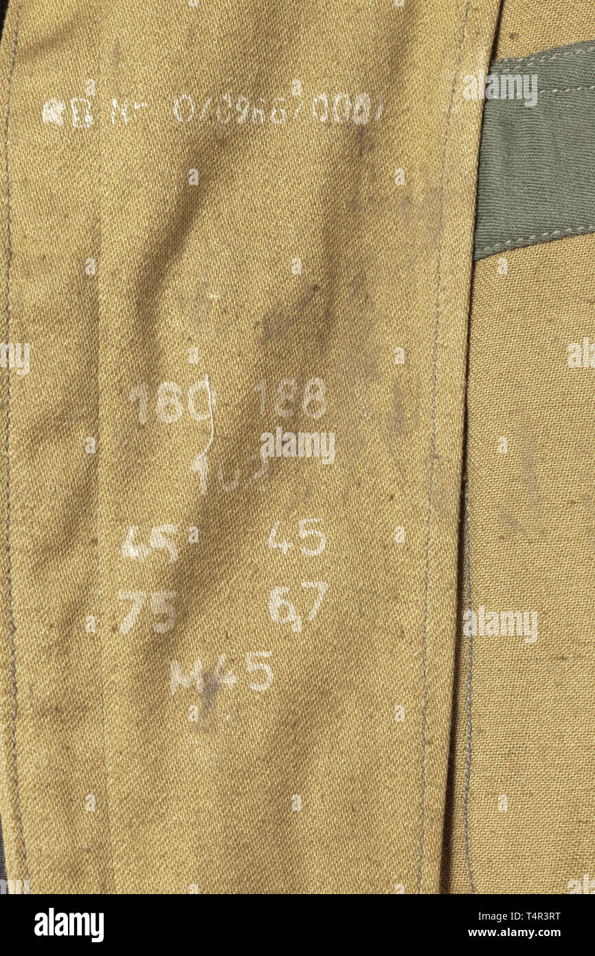 A field tunic in tropical or southern front issue Sand-coloured cloth, field grey buttons, machine stitched BeVo insignia in southern front issue, bandage pack pocket and inner reinforcement of green imitation silk, depot-, size- and RB-Nr. stampings. In mint warehouse condition. historic, historical, 20th century, Additional-Rights-Clearance-Info-Not-Available Stock Photo