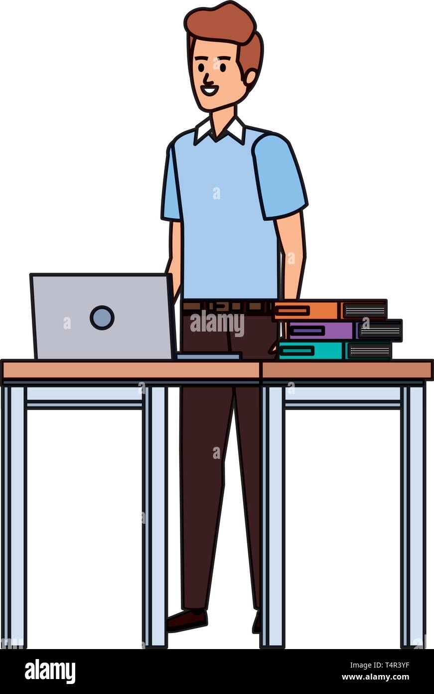 young teacher in desk with laptop and books Stock Vector Image & Art ...