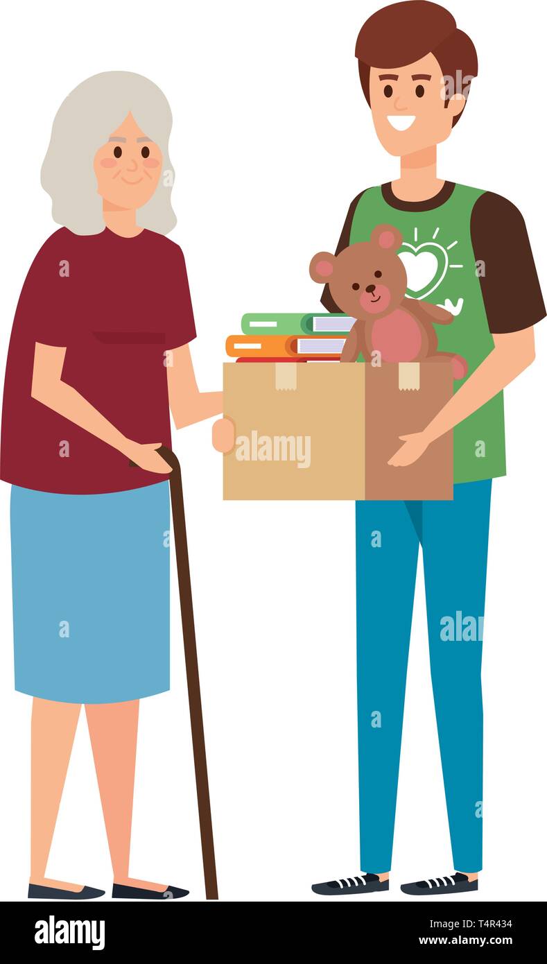 man volunteer giving a old woman donations box Stock Vector Image & Art ...
