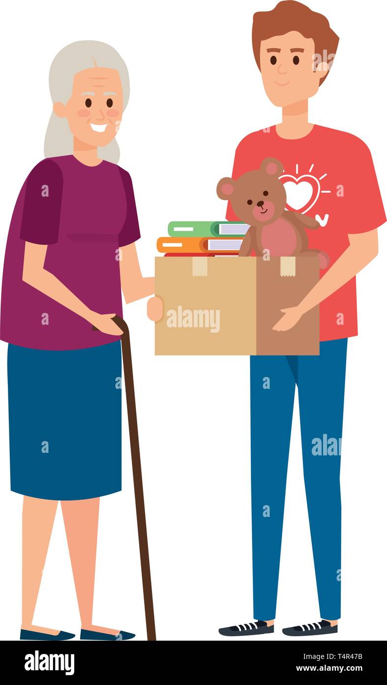 man volunteer giving a old woman donations box Stock Vector Image & Art ...