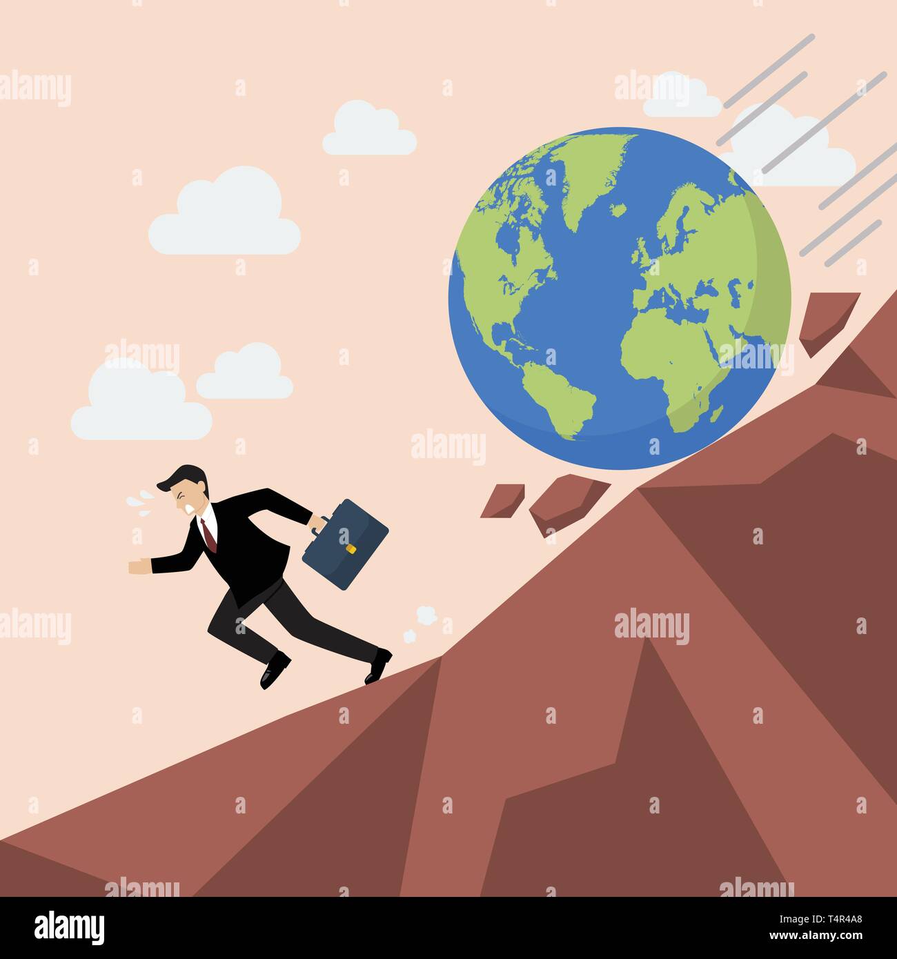 Businessman running away from planet earth that is rolling down to him. Climate change concept Stock Vector
