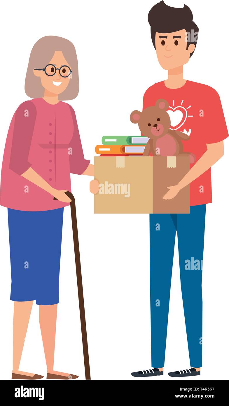 man volunteer giving a old woman donations box Stock Vector Image & Art ...