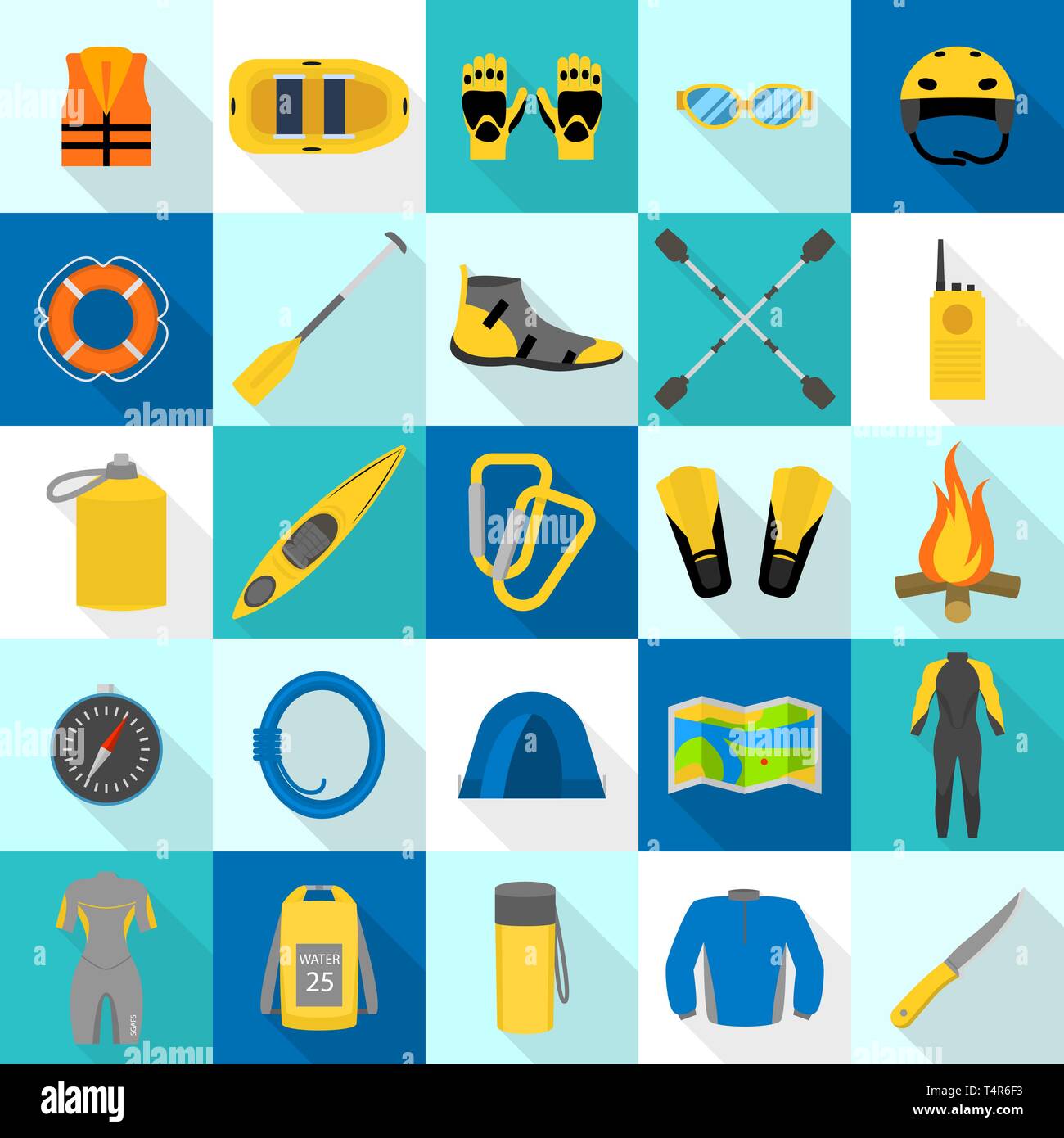 Rafting kayak icons set, flat style Stock Vector