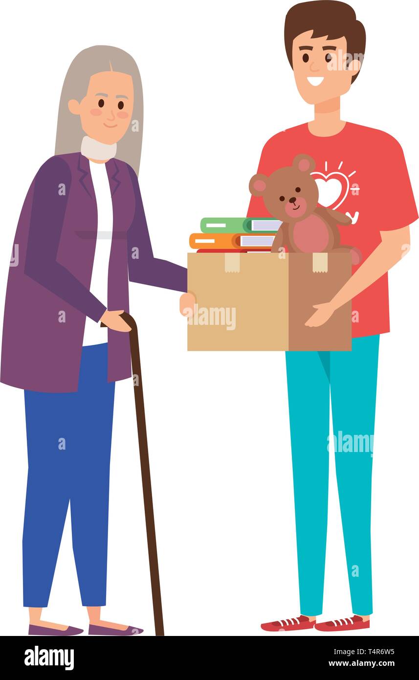 man volunteer giving a old woman donations box Stock Vector Image & Art ...