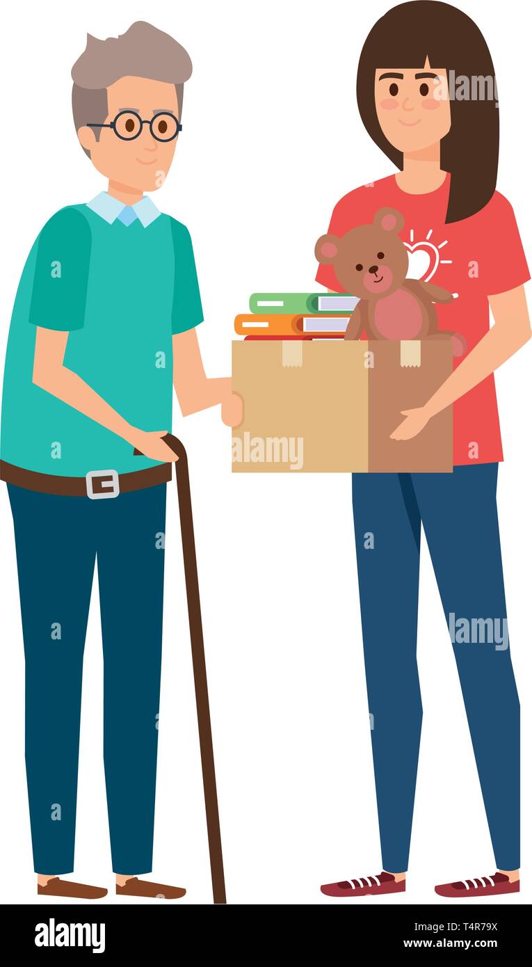 woman volunteer giving a old man donations box Stock Vector Image & Art ...