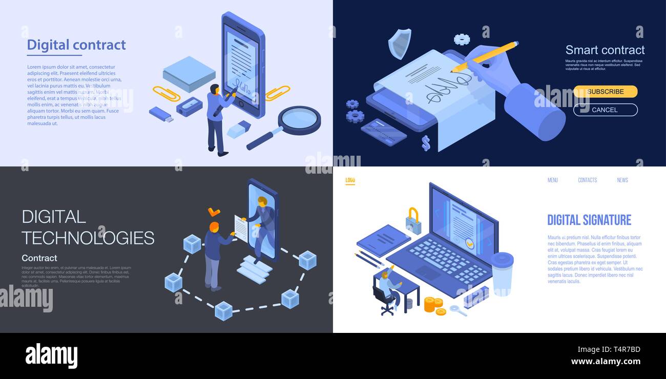 Digital Contract Banner Set Isometric Style Stock Vector Art
