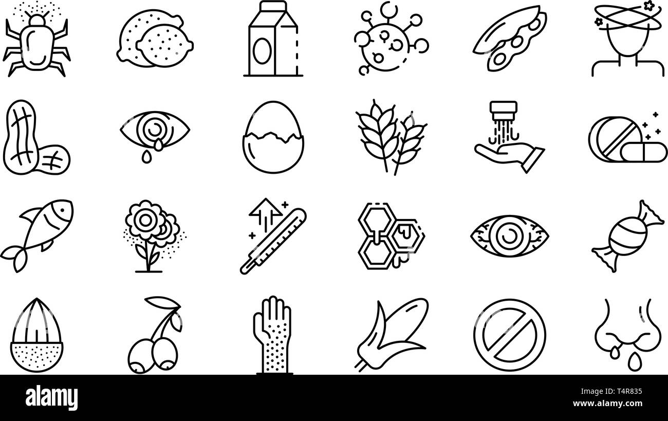 Food allergy icons set, outline style Stock Vector