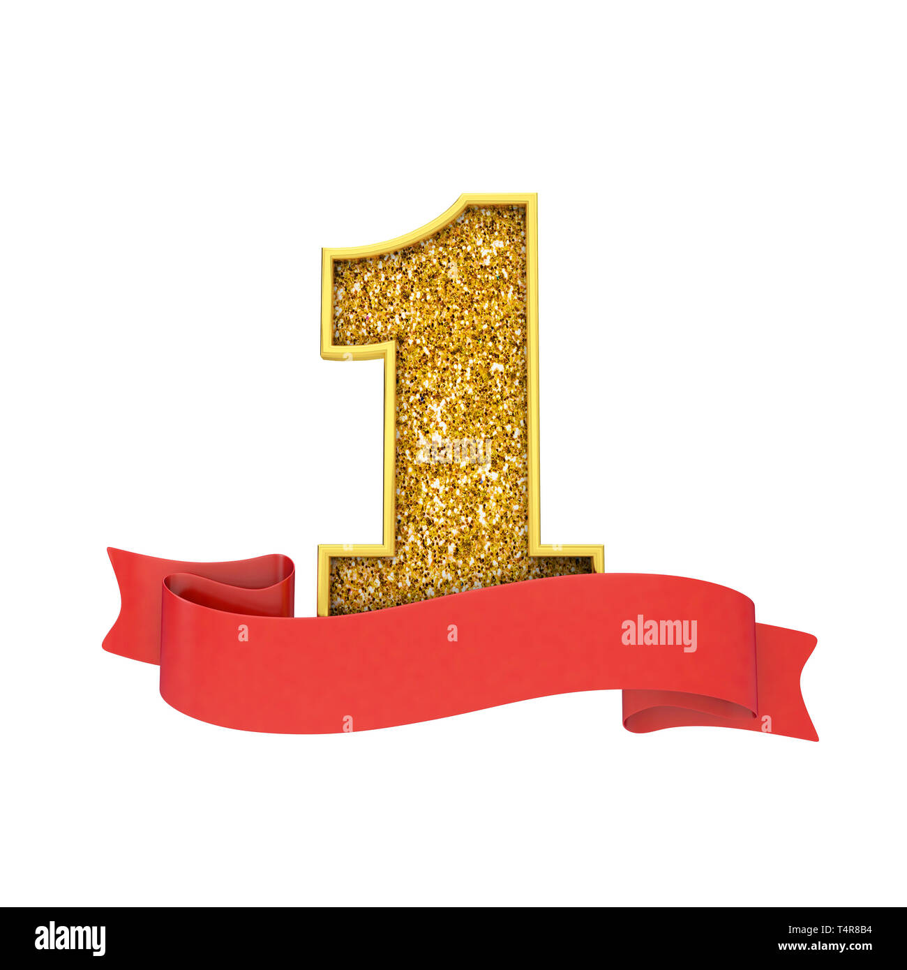 Number 1 gold glitter celebration with a red scroll banner. 3D Render