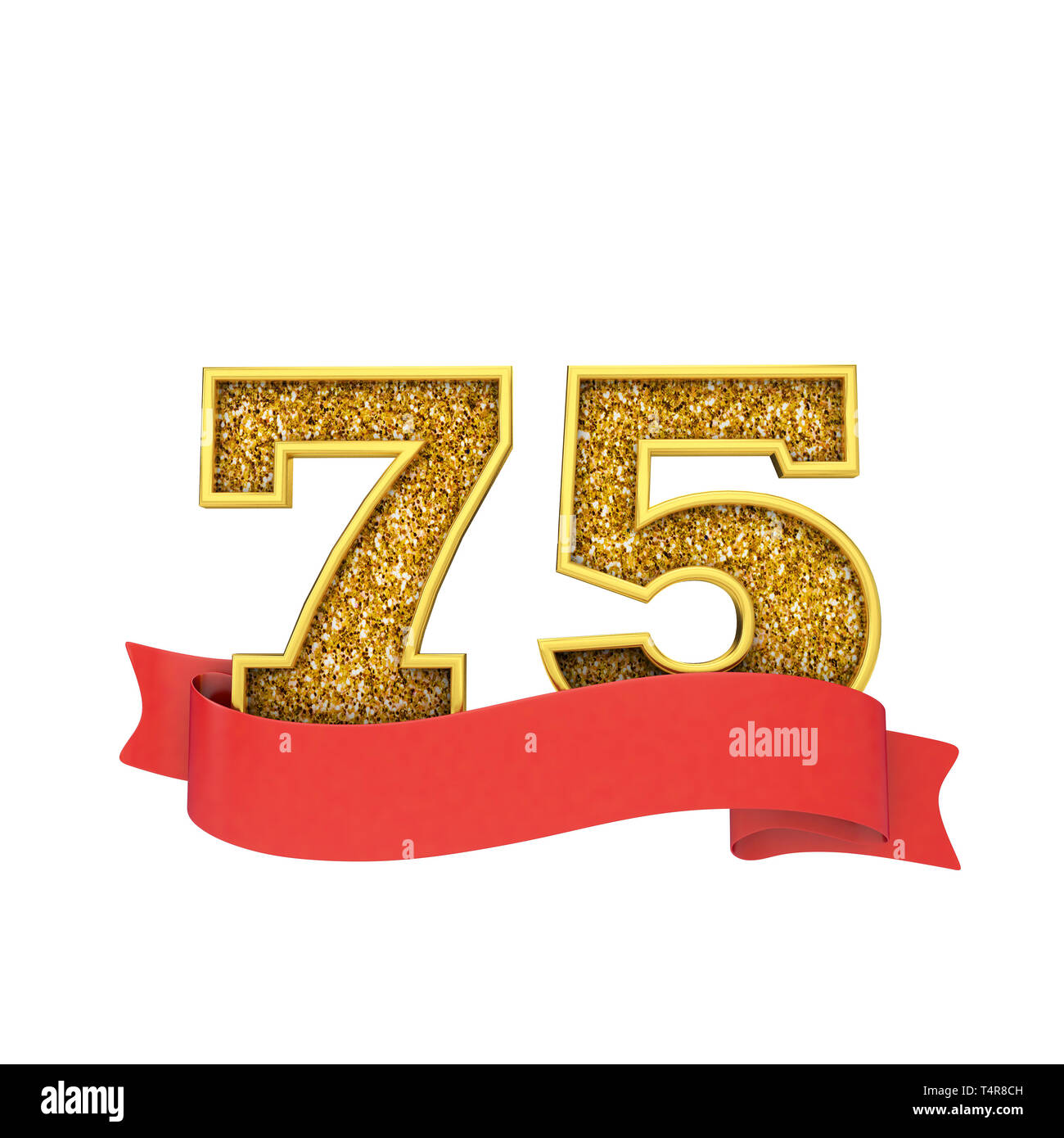 Number 75 gold glitter celebration with a red scroll banner. 3D