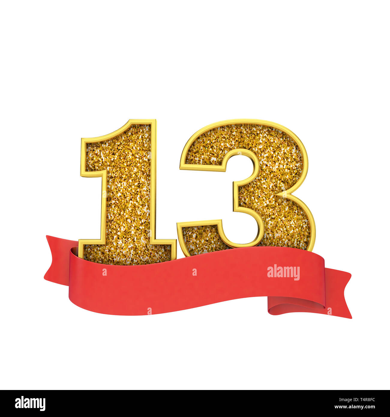 Number 13 gold glitter celebration with a red scroll banner. 3D Render
