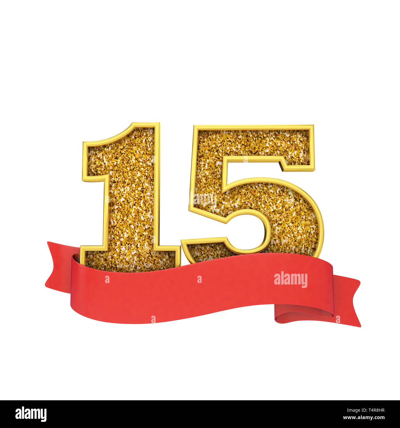 Number 15 gold glitter celebration with a red scroll banner. 3D Render