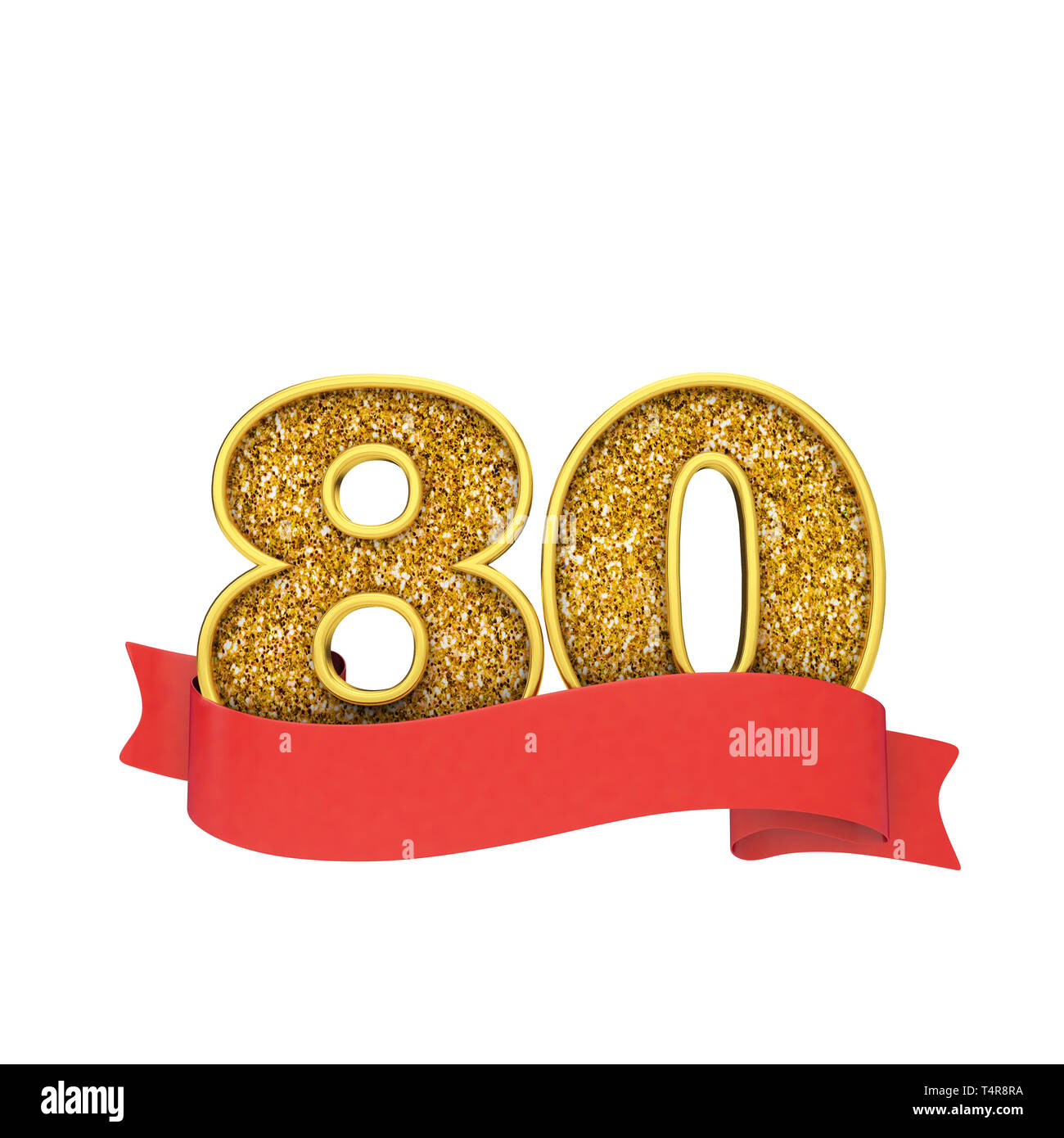 Number 80 gold glitter celebration with a red scroll banner. 3D Render Stock Photo