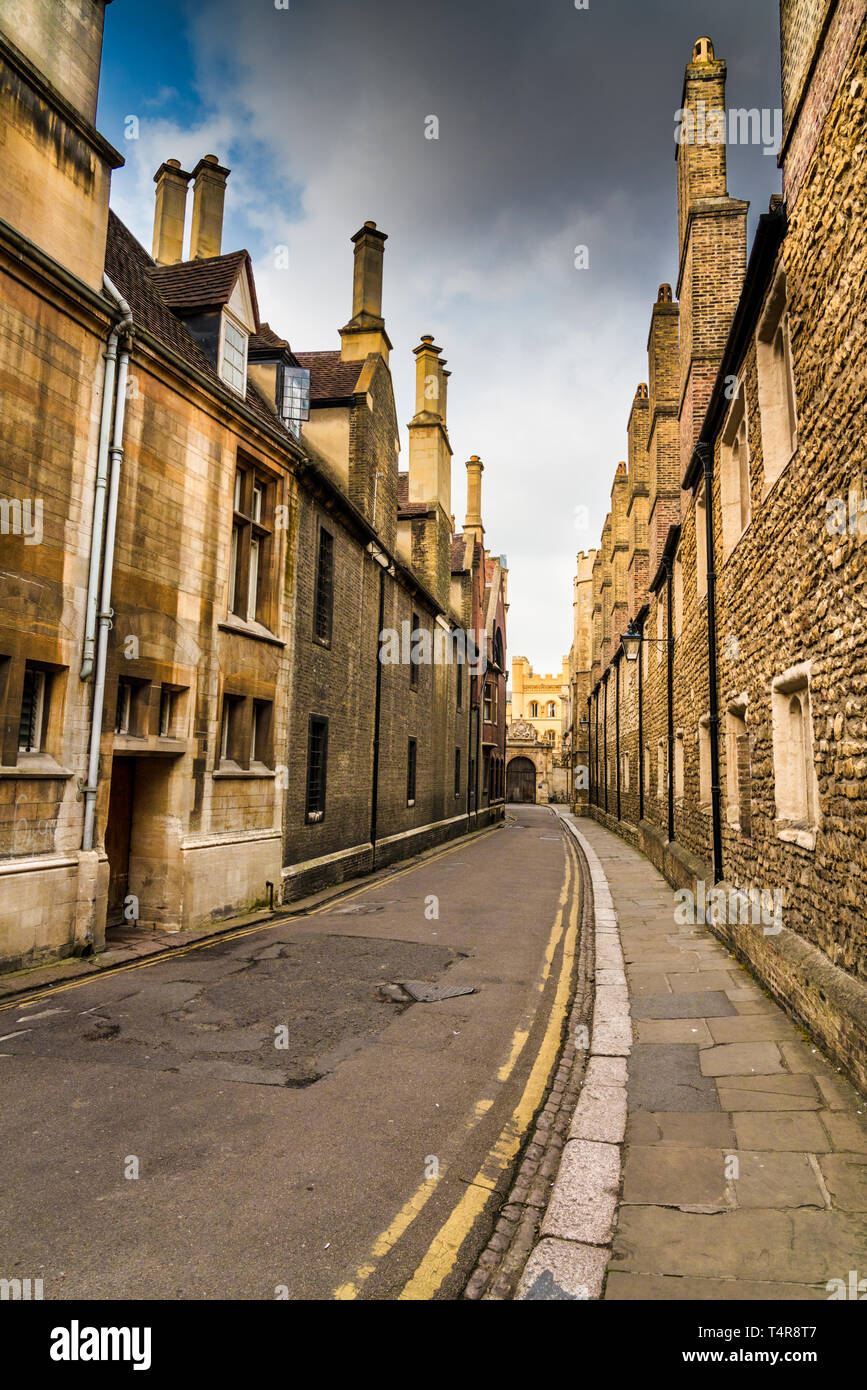 View down Trinity Lane, Cambridge, UK. A narrow lane with old terraced houses Stock Photo