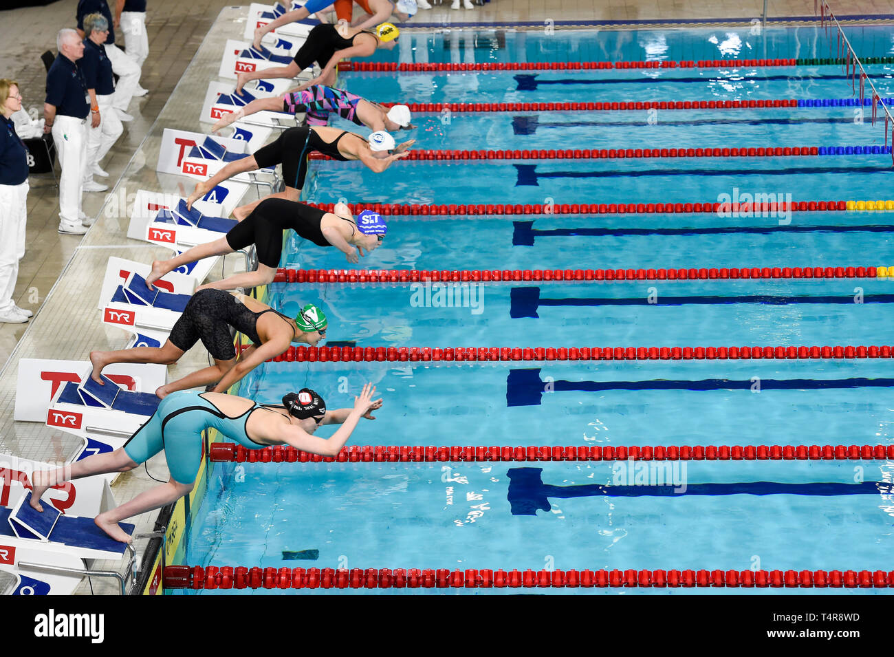 Swimmers dive into the water in heat 6 of the Women's 50m Freestyle event during day three of the 2019 British Swimming Championships at Tollcross International Swimming Centre, Glasgow. Stock Photo