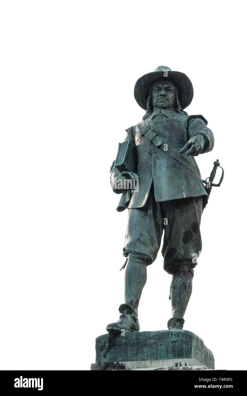 Statue of Oliver Cromwell in his home town St Ives in Cambridgeshire, England. He led the Parliamentarian,puritan, New Model Army to victory over the  Stock Photo