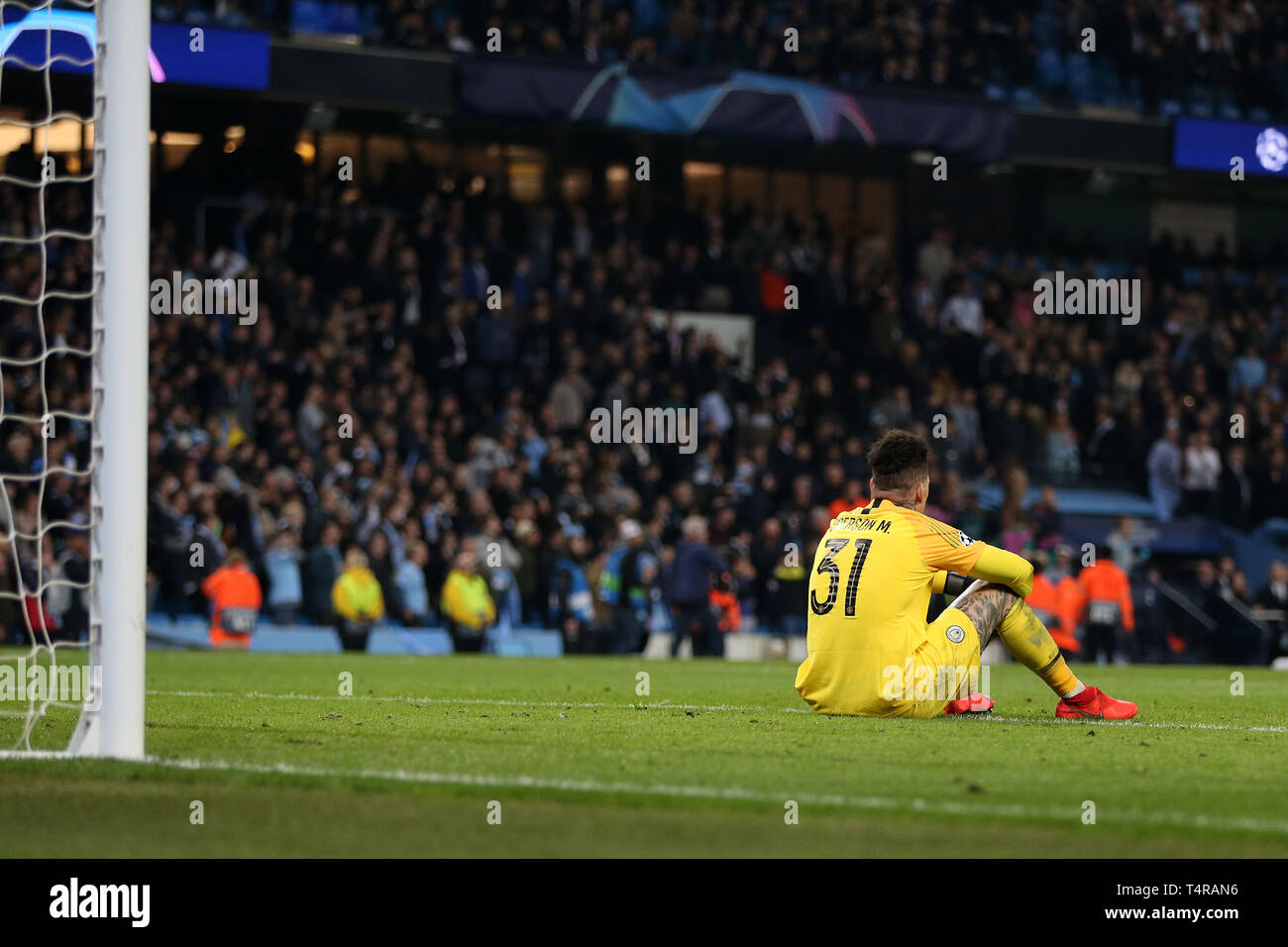 Ederson, the goalkeeper of Manchester city slumps dejected.  UEFA Champions league match, quarter final, 2nd leg match ,Manchester City v Tottenham Hotspur at the Etihad Stadium in Manchester on Wednesday 17th April 2019.  this image may only be used for Editorial purposes. Editorial use only, license required for commercial use. No use in betting, games or a single club/league/player publications . pic by Andrew Orchard//Andrew Orchard sports photography/Alamy Live news Stock Photo