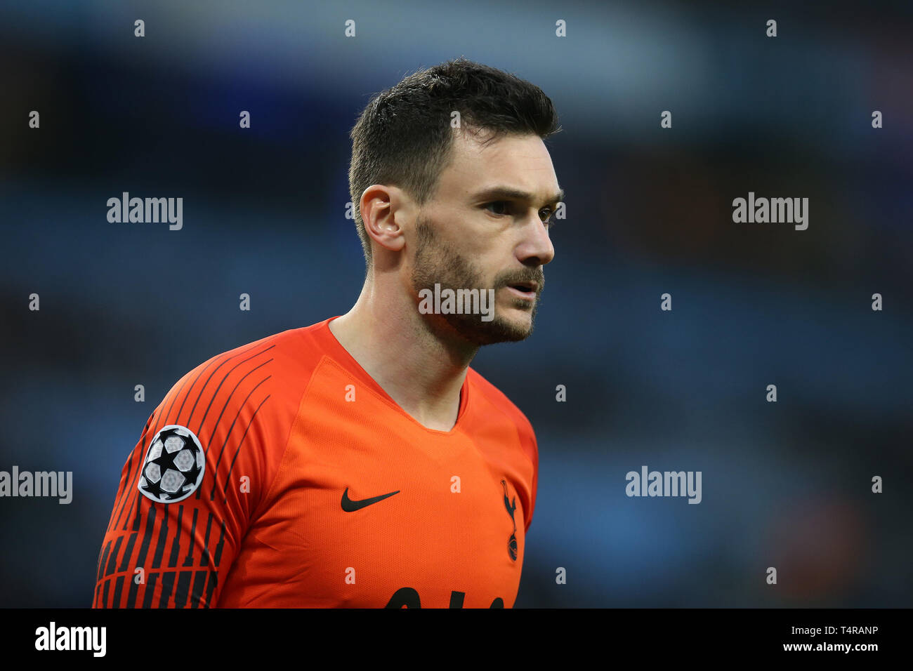 Hugo Lloris, the goalkeeper and captain of Tottenham Hotspur looks on. UEFA Champions league match, quarter final, 2nd leg match ,Manchester City v Tottenham Hotspur at the Etihad Stadium in Manchester on Wednesday 17th April 2019.  this image may only be used for Editorial purposes. Editorial use only, license required for commercial use. No use in betting, games or a single club/league/player publications . pic by Andrew Orchard//Andrew Orchard sports photography/Alamy Live news Stock Photo