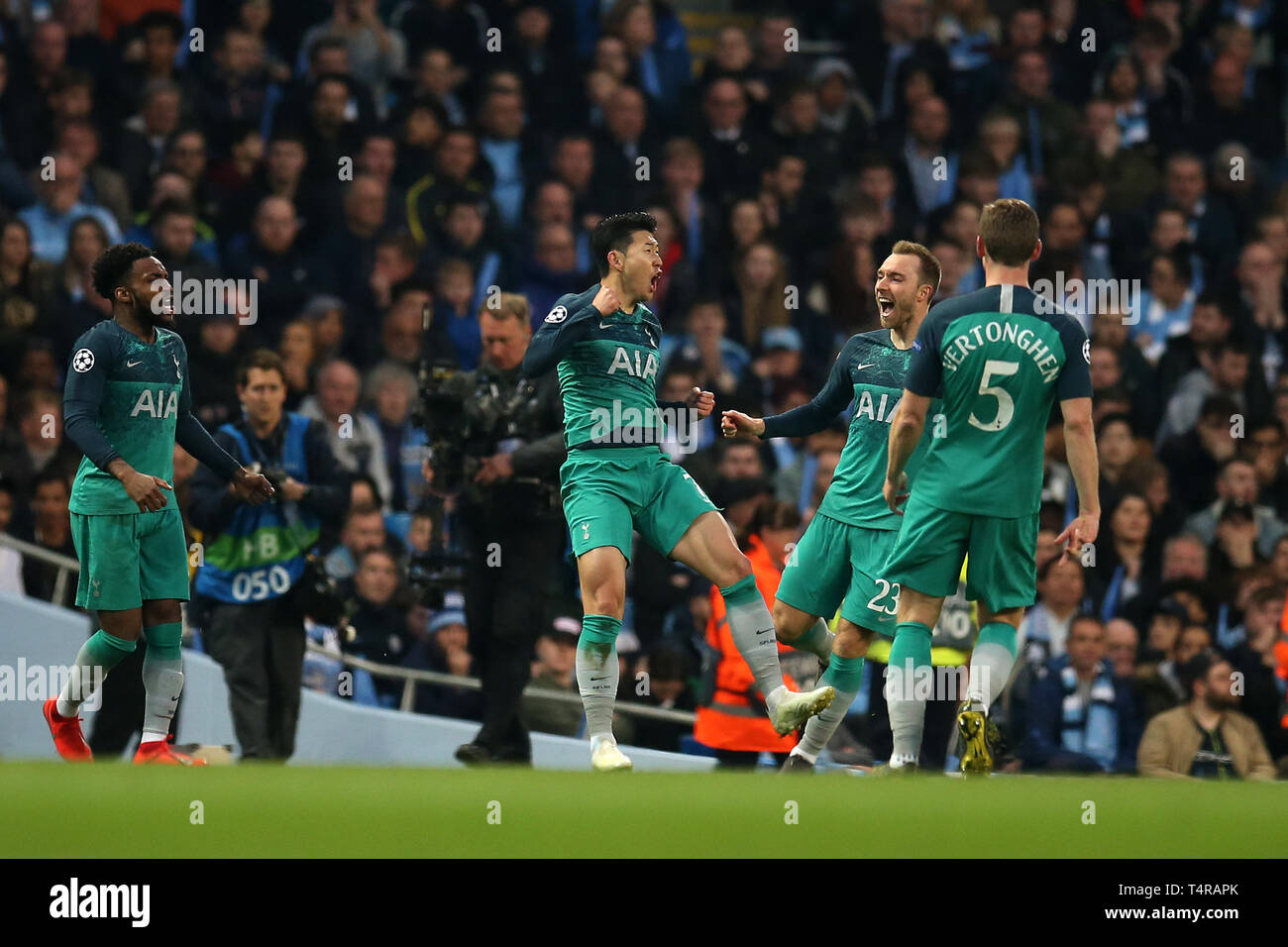 Heung-Min Son of Tottenham Hotspur © celebrates with teammates after he  scores his teams 2nd goal. .UEFA Champions league match, quarter final, 2nd  leg match ,Manchester City v Tottenham Hotspur at the