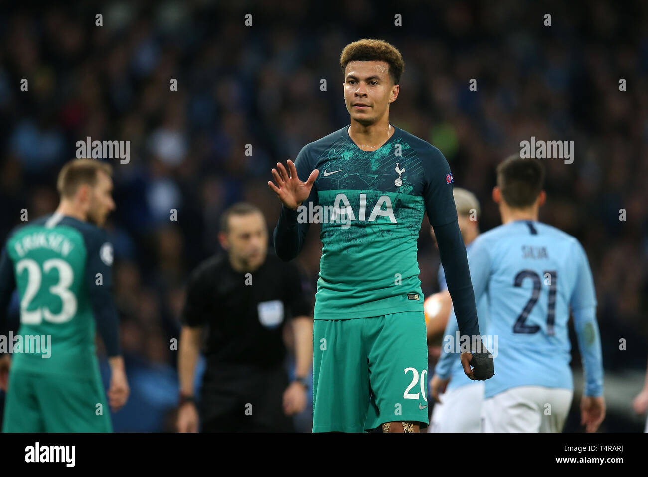 Dele Alli of Tottenham Hotspur looks on. UEFA Champions league match, quarter final, 2nd leg match ,Manchester City v Tottenham Hotspur at the Etihad Stadium in Manchester on Wednesday 17th April 2019.  this image may only be used for Editorial purposes. Editorial use only, license required for commercial use. No use in betting, games or a single club/league/player publications . pic by Andrew Orchard//Andrew Orchard sports photography/Alamy Live news Stock Photo