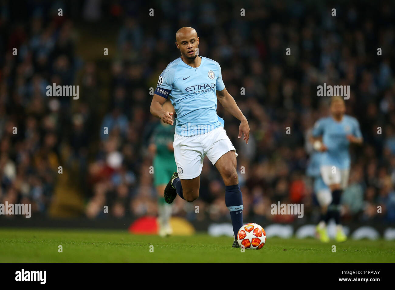 Manchester, UK. 17th Apr, 2019. Vincent Kompany, the captain of Manchester city in action. UEFA Champions league match, quarter final, 2nd leg match, Manchester City v Tottenham Hotspur at the Etihad Stadium in Manchester on Wednesday 17th April 2019. this image may only be used for Editorial purposes. Editorial use only, license required for commercial use. No use in betting, games or a single club/league/player publications . pic by Andrew Orchard//Andrew Orchard sports photography/Alamy Live news Credit: Andrew Orchard sports photography/Alamy Live News Stock Photo