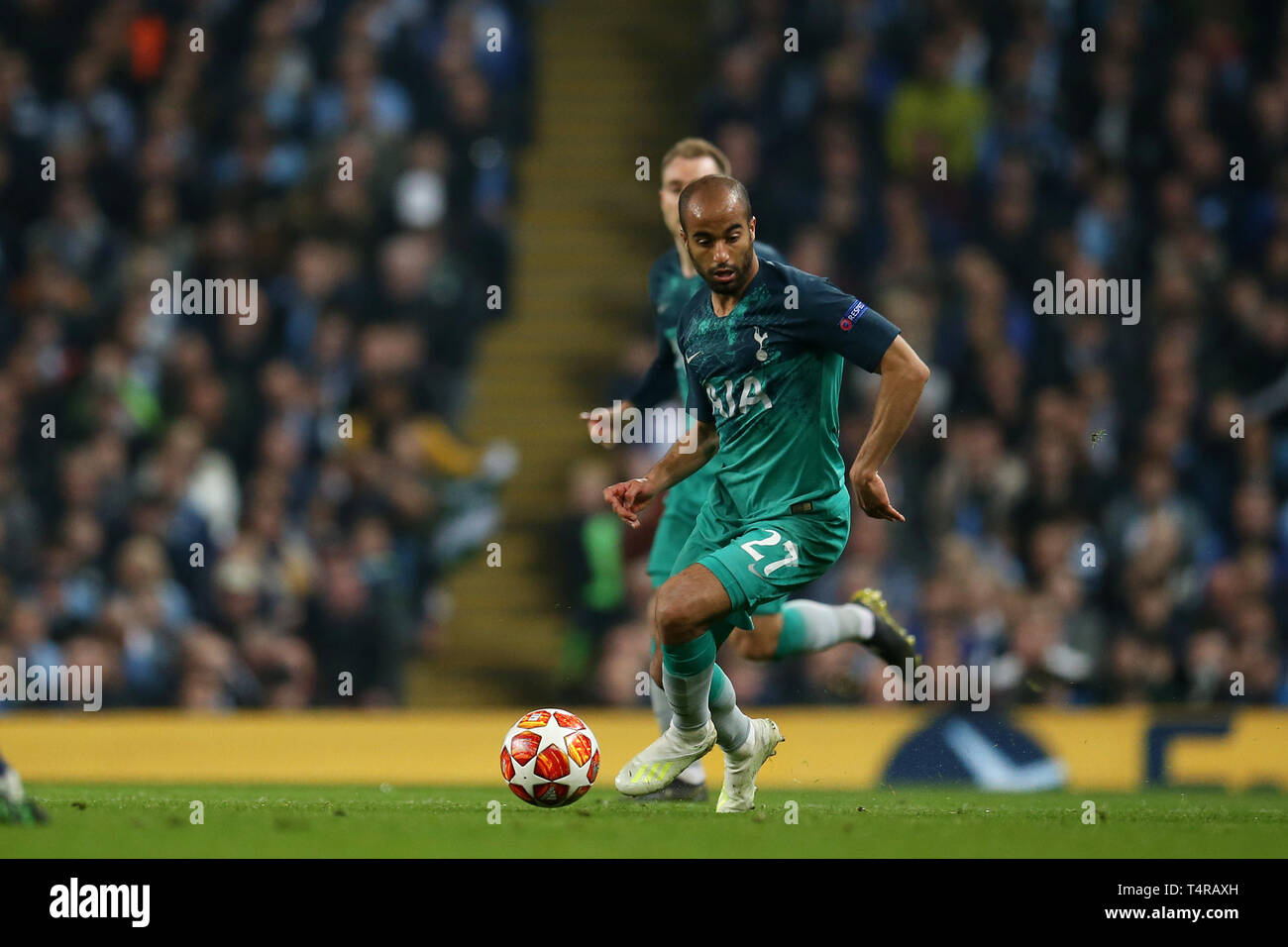 Manchester, UK. 17th Apr, 2019. Lucas Moura of Tottenham Hotspur in action. UEFA Champions league match, quarter final, 2nd leg match, Manchester City v Tottenham Hotspur at the Etihad Stadium in Manchester on Wednesday 17th April 2019. this image may only be used for Editorial purposes. Editorial use only, license required for commercial use. No use in betting, games or a single club/league/player publications . pic by Andrew Orchard//Andrew Orchard sports photography/Alamy Live news Credit: Andrew Orchard sports photography/Alamy Live News Stock Photo