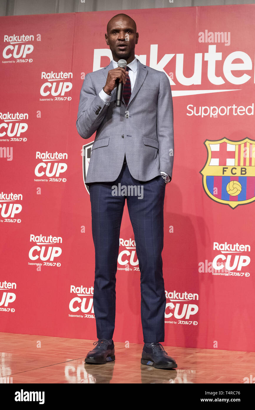 Tokyo, Japan. 18th Apr, 2019. Eric Abidal, the Technical Secretary and former player of FC Barcelona, speaks during a news conference in Tokyo. Rakuten announced friendly football matches between FC Barcelona, Chelsea FCJ and Japan's Vissel Kobe in July. FC Barcelona will play against Chelsea FC in Saitama on July 23 and Vissel Kobe in July 27 in Kobe. Credit: Rodrigo Reyes Marin/ZUMA Wire/Alamy Live News Stock Photo