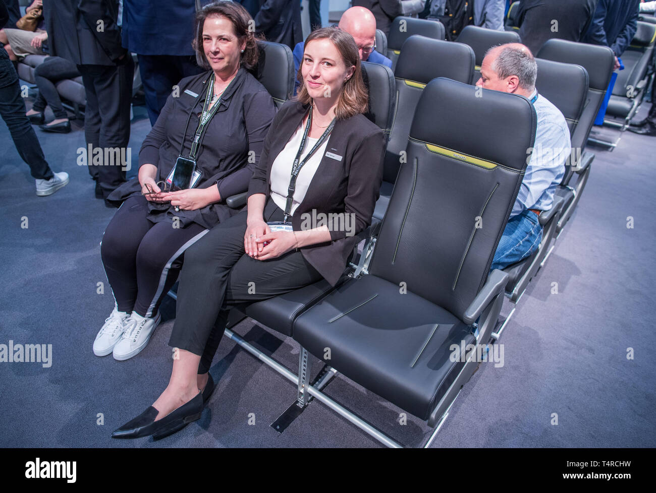 Hamburg, Germany. 03rd Apr, 2019. The booth of the manufacturer of aircraft  seats Recaro ZIM Air Seat at the Aircraft Interiors Expo. More than 500  exhibitors present news and innovations for the