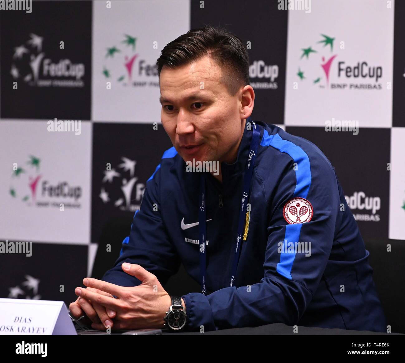 Dias Doskarayev (Captain of the Kazakhstan team). Kazakhstan Captains press conference ahead of the World group II play off in the BNP Paribas Fed Cup. Copper Box Arena. Queen Elizabeth Olympic Park. Stratford. London. UK. 18/04/2019. Credit: Sport In Pictures/Alamy Live News Stock Photo