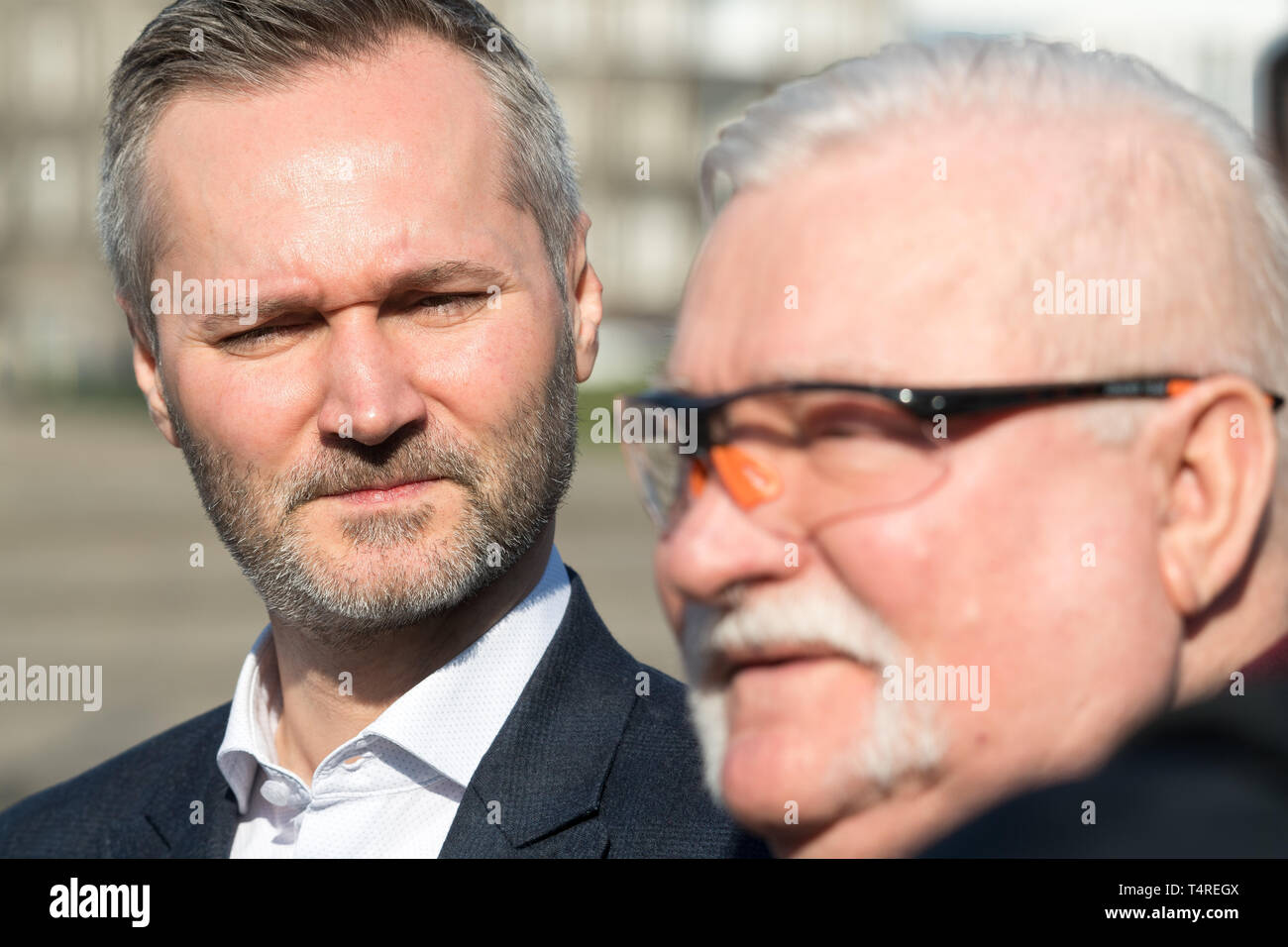 Former president of Poland and Solidarity leader Lech Walesa and his son Jaroslaw Walesa hold a press conference in front of Gate 2 at the Gdansk Shipyard on April 18, 2019 in Gdansk, Poland. Stock Photo