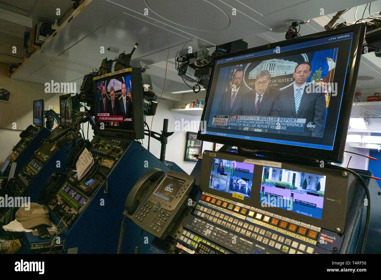 United States Attorney General William P. Barr is seen on monitors in the White House Press Briefing Room making an announcement from the Department of Justice in Washington, DC regarding the release of the redacted Mueller report on April 18, 2019. Credit: Stefani Reynolds/CNP /MediaPunch Stock Photo
