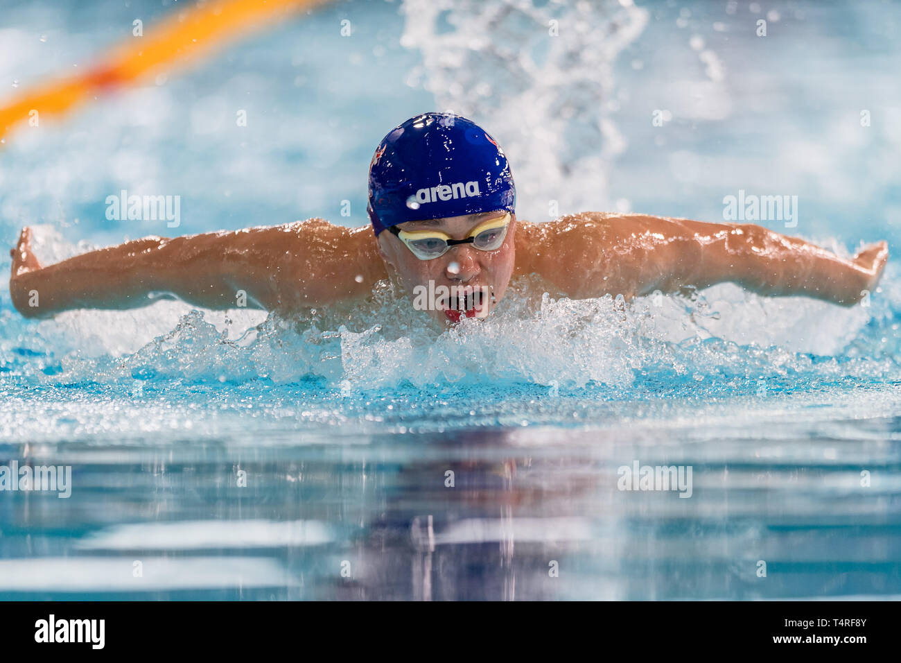 Glasgow, UK. 18th Apr, 2019. Kenji McDade (Co Oxford) in Mens Open 400m IM during 3rd day of British Swimming Championships 2019 at Tollcross International Swimming Centre on Thursday, April 18, 2019 in Glasgow Scotland. Credit: Taka G Wu/Alamy Live News Stock Photo