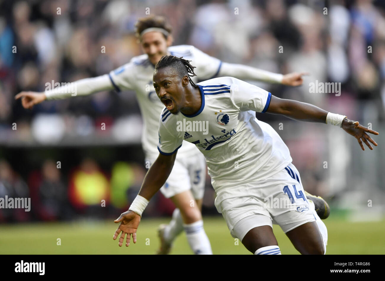 April 18, 2019 - Copenhagen, Denmark - DAME N' DOYE of FC Copenhagen has  scores 2-0 during the Superleague soccer match between FC Copenhagen and FC  Midtjylland in Telia Parken, Copenhagen, Denmark. (