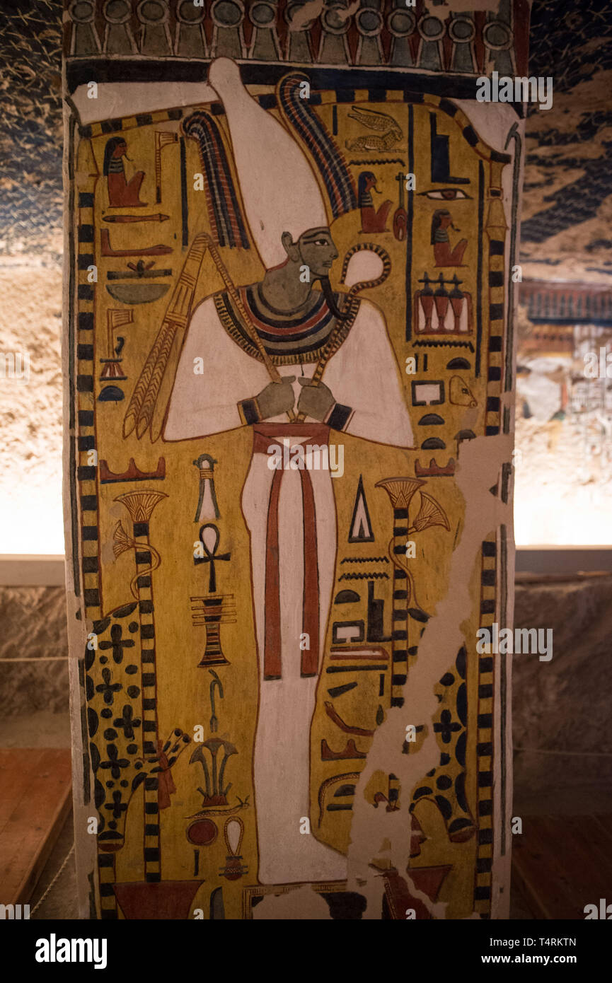 Luxor. 18th Apr, 2019. Photo taken on April 18, 2019 shows the mural painting of ancient Egypt's God of the netherworld 'Osiris' inside the tomb of Nefertari, the wife of ancient Egypt's Pharaoh Ramesses II, at Valley of the Queens in Luxor, Egypt. Discovered in 1904, the tomb is famous for its mural paintings with vivid colors. Credit: Meng Tao/Xinhua/Alamy Live News Stock Photo