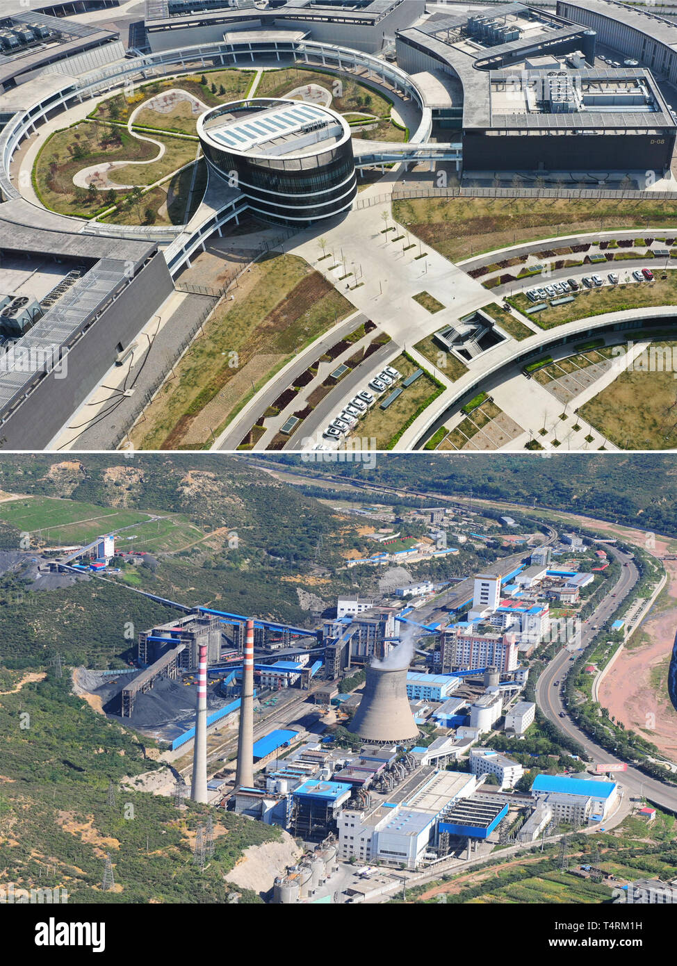 (190419) -- YANGQUAN, April 19, 2019 (Xinhua) -- Combination aerial photo shows the view of Baidu's cloud computing center (above) at the economic and technological development zone in Yangquan, north China's Shanxi Province, taken by Yang Chenguang on April 16, 2019, and the Xinjing coal mine (below, file photo) of the Yangquan Coal Industry (Group) Co., Ltd. in Yangquan, on Sept. 22, 2011. Yangquan has been transforming from a coal-dependent city to a city applying new technologies of Big Data and information services to various aspects of social life and developments. From harboring Baidu's Stock Photo