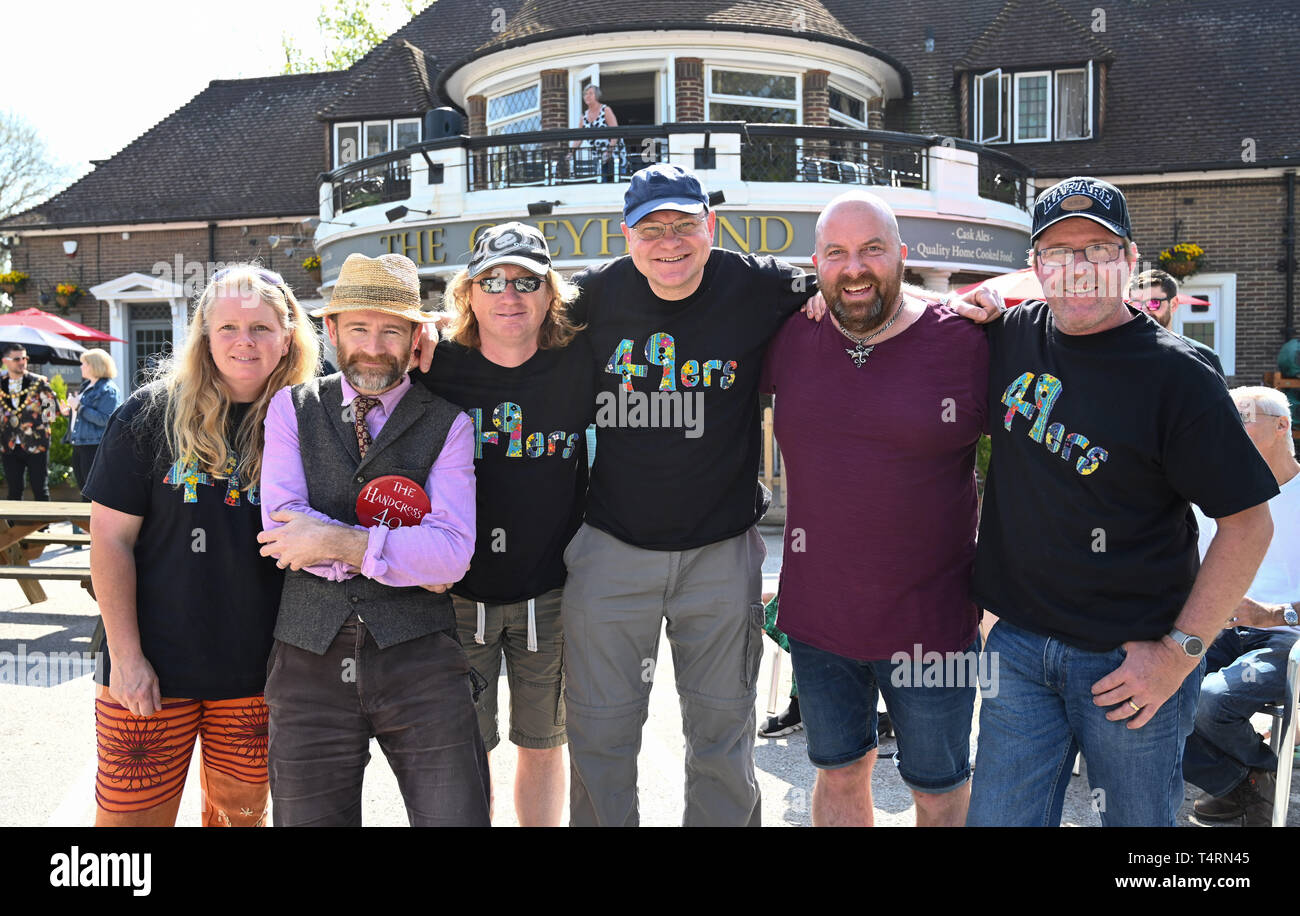 Crawley Sussex, UK. 19th Apr, 2019. The Handcross 49ers team competing in the World Marbles Championship held at The Greyhound pub at Tinsley Green near Crawley in Sussex . The annual event has been held on Good Friday every year since the 1930s and is open to players from around the world Credit: Simon Dack/Alamy Live News Stock Photo