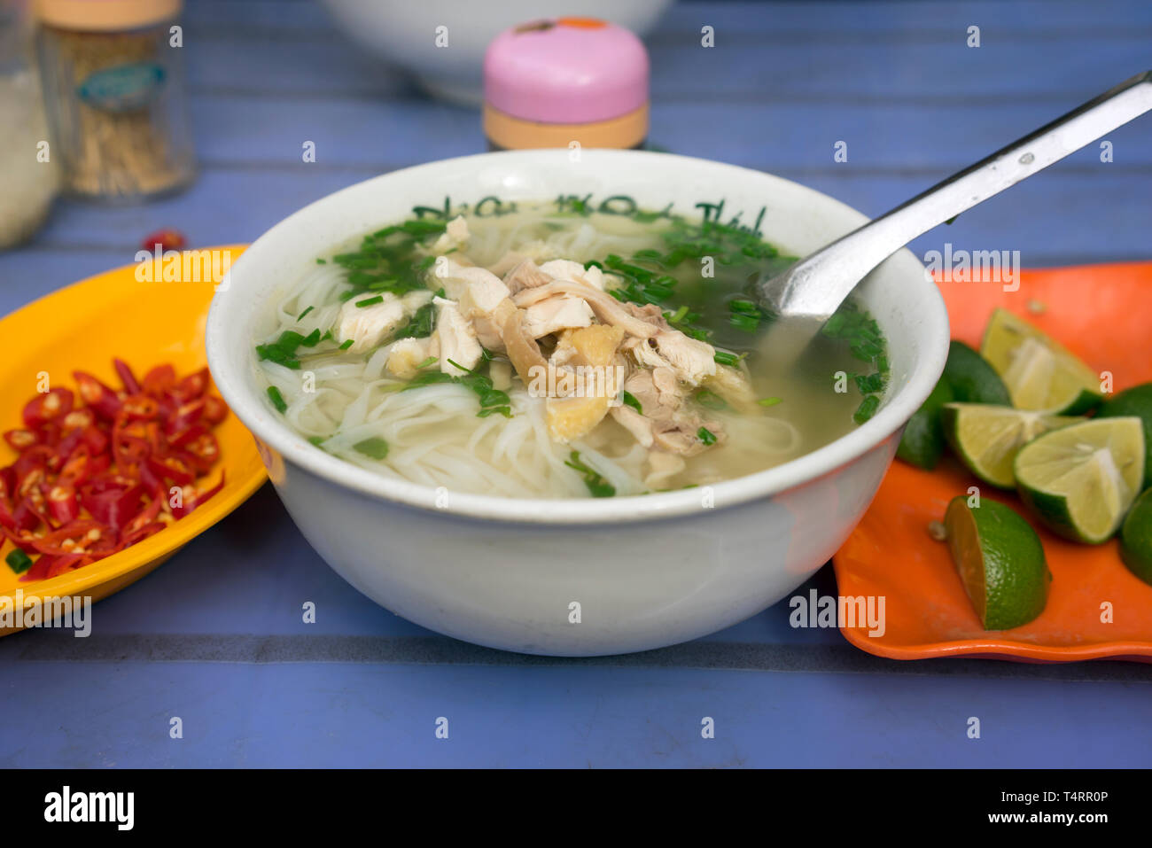 Vietnamese chicken noodle soup called pho, with green onion, bean