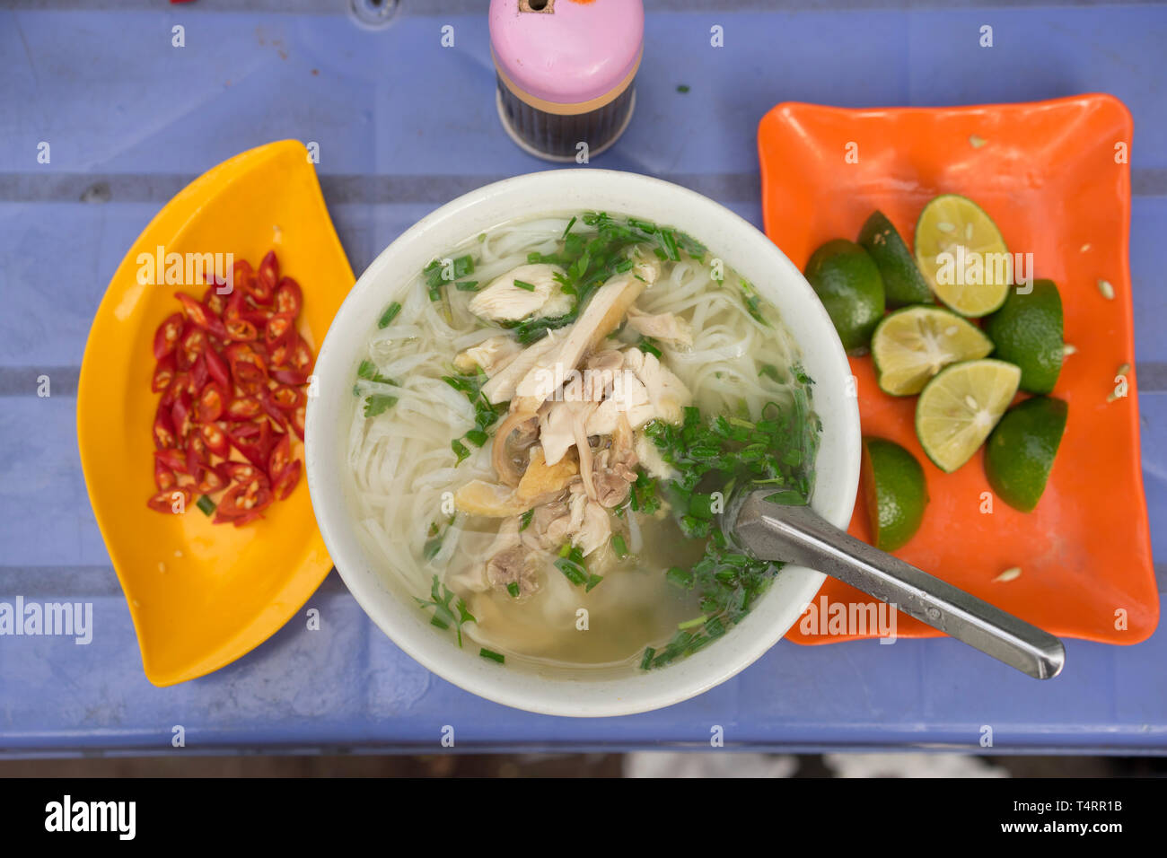 Vietnamese chicken noodle soup called pho, with green onion, bean