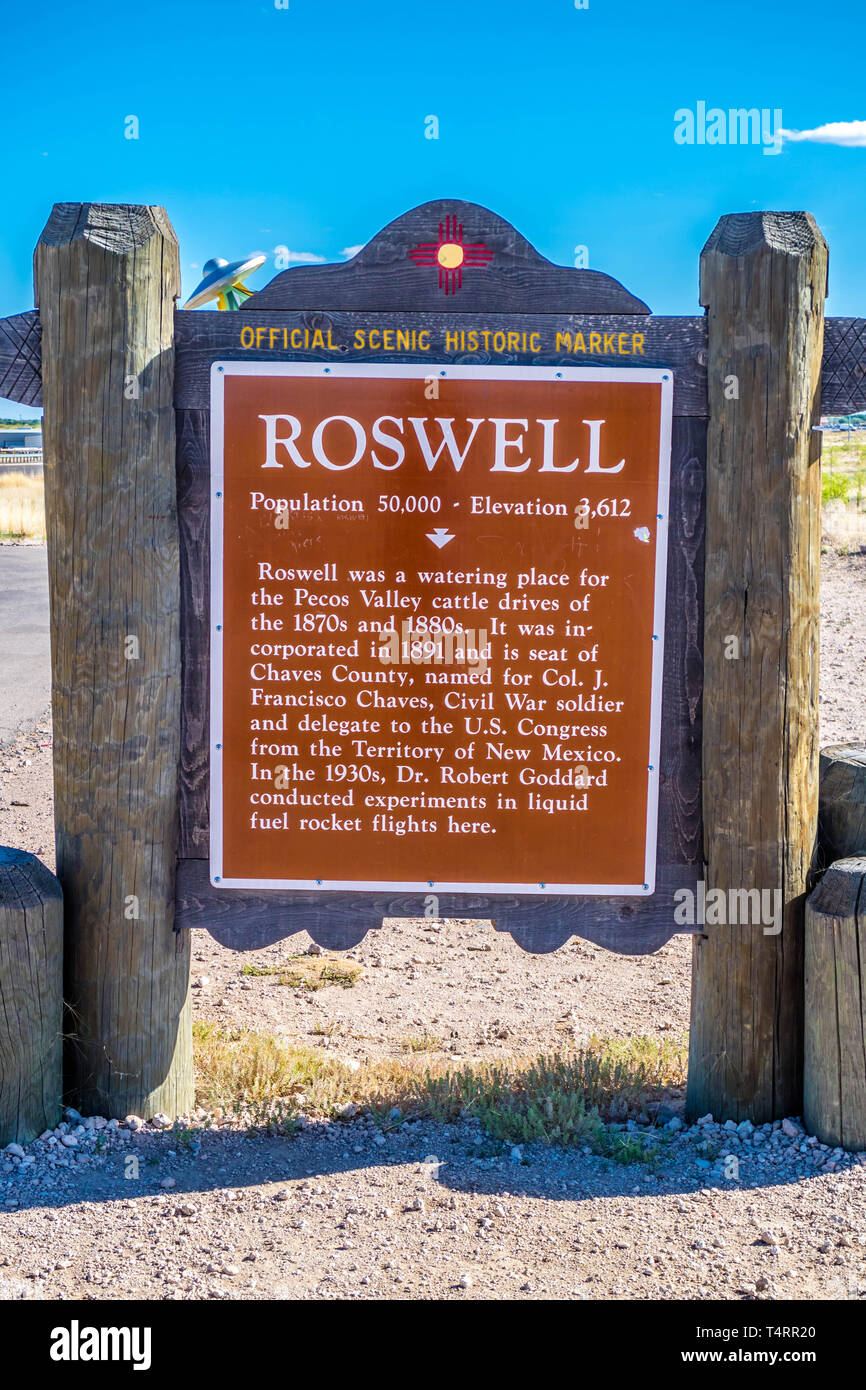 Roswell, NM, USA April 21, 2018 A signboard at the entry