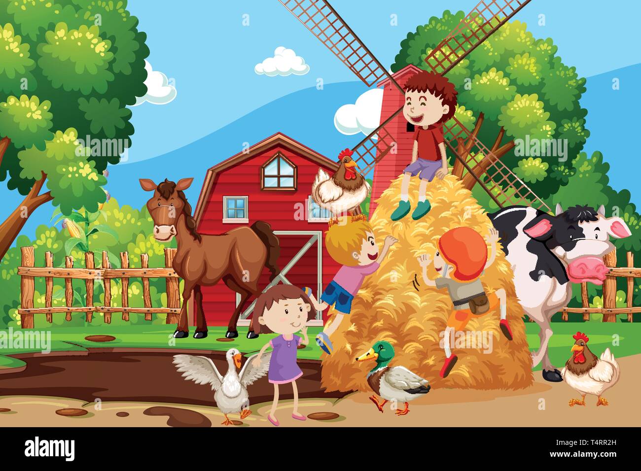 Farm Scene With All Animals illustration Stock Vector