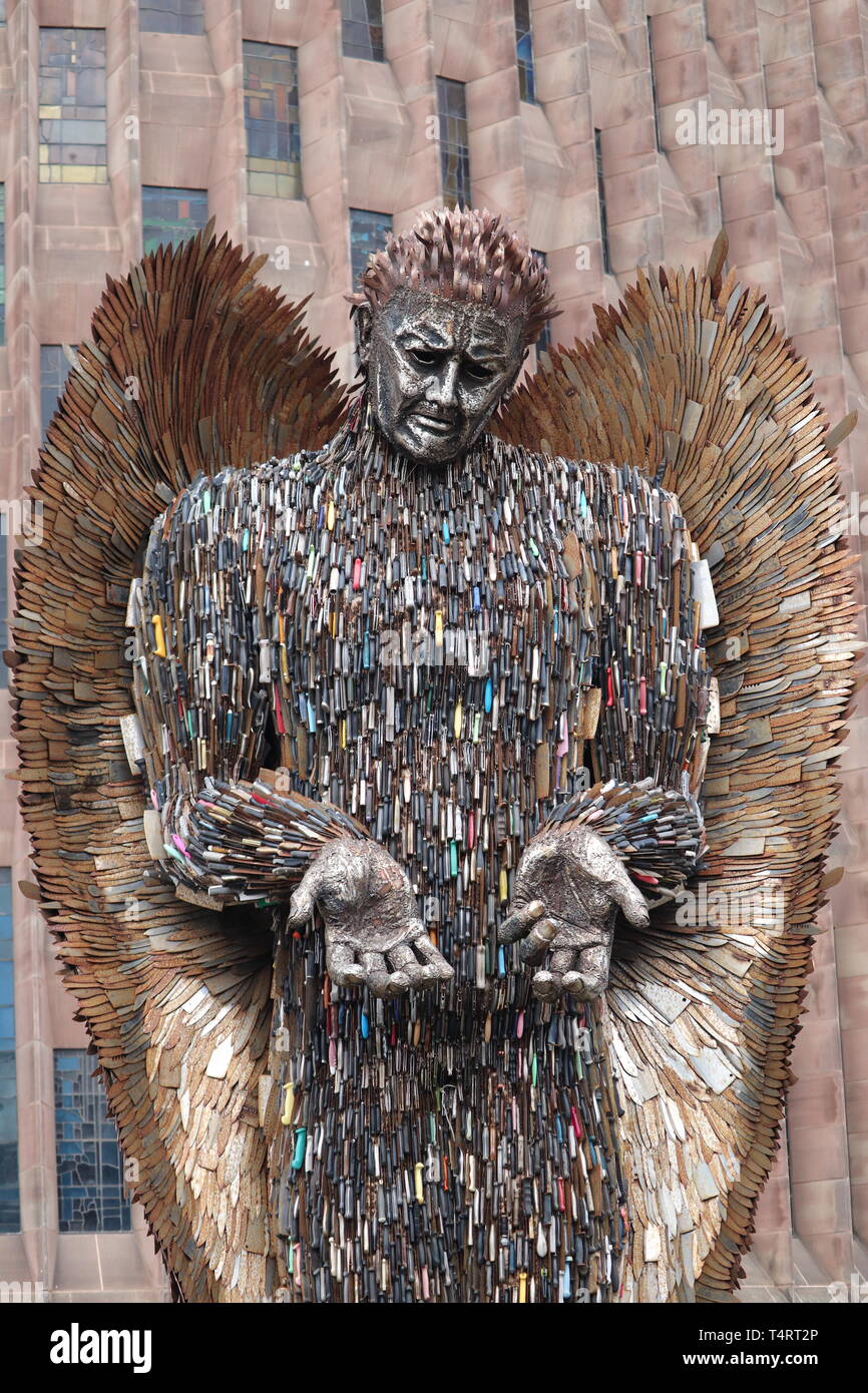 Statue made out of knives to show danger and sadness .outside Coventry