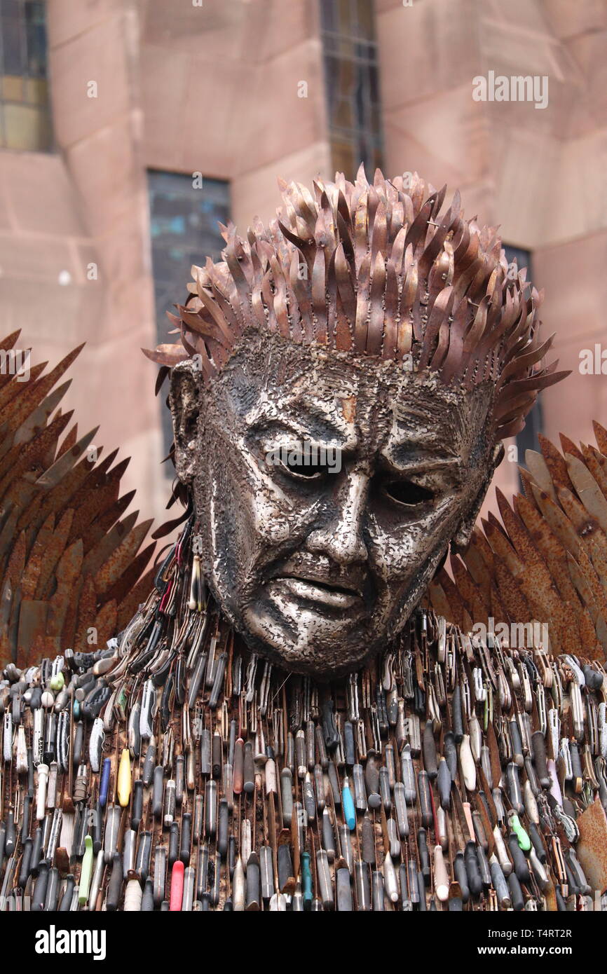 Statue made out of knives to show danger and sadness .outside Coventry