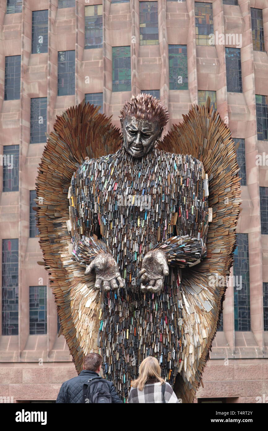 Statue made out of knives to show danger and sadness .outside Coventry