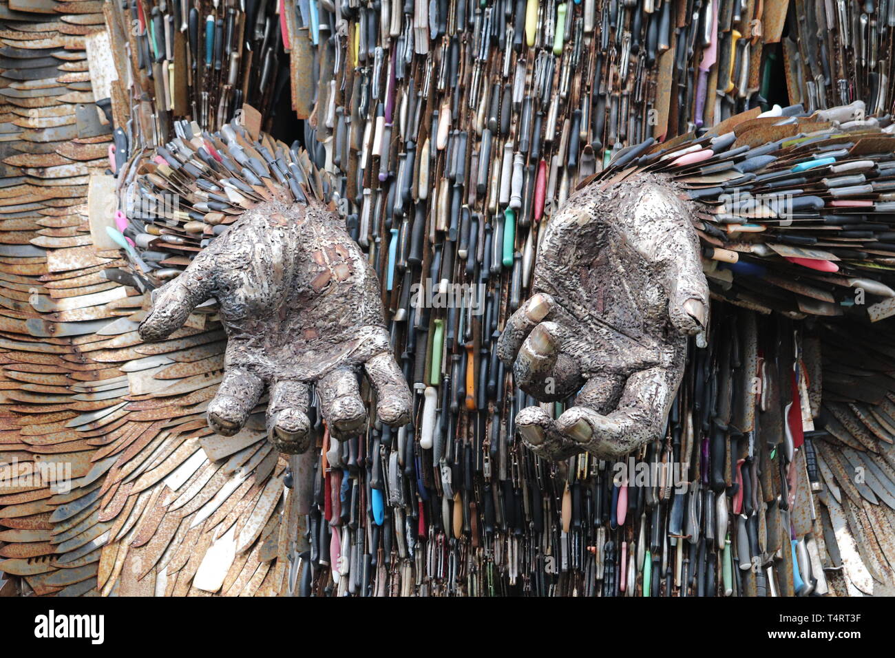 Statue made out of knives to show danger and sadness .outside Coventry