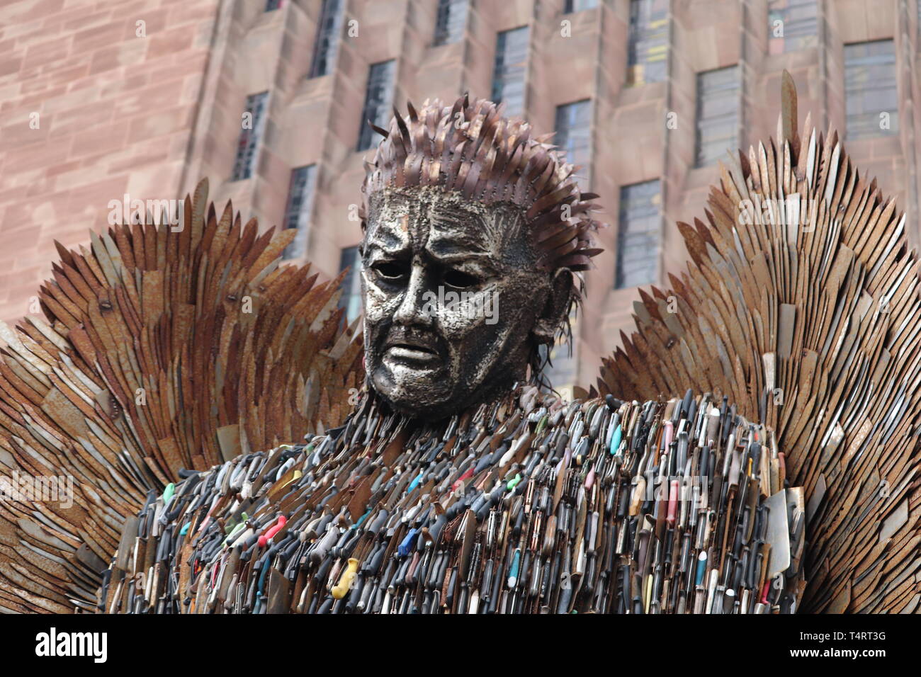 Statue made out of knives to show danger and sadness .outside Coventry